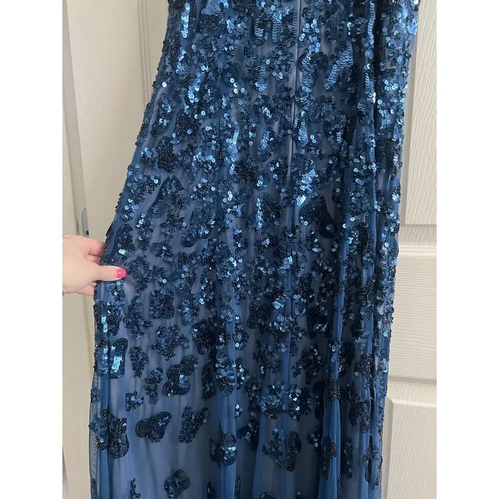 CACHE Vintage Y2K Blue Sequin Mesh Strapless Maxi Long Gown Dress - Picture 7 of 14